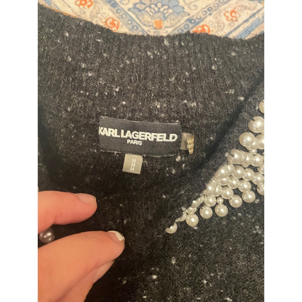 Karl Lagerfeld Paris Pearl Neck Sweater Gray Marl Wool Blend Medium - Picture 2 of 4